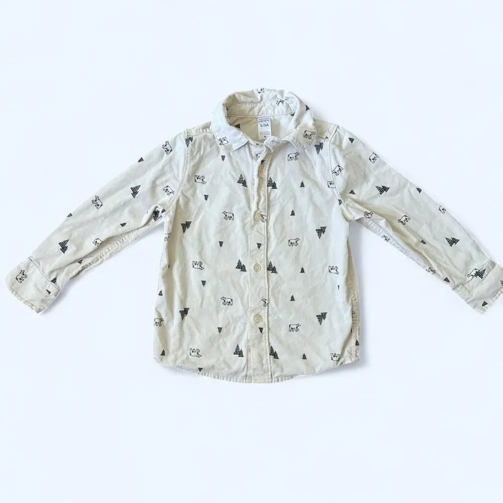 Carter’s Boys Button Down Shirt Size 5 White Bear Tree Print 100% Cotton